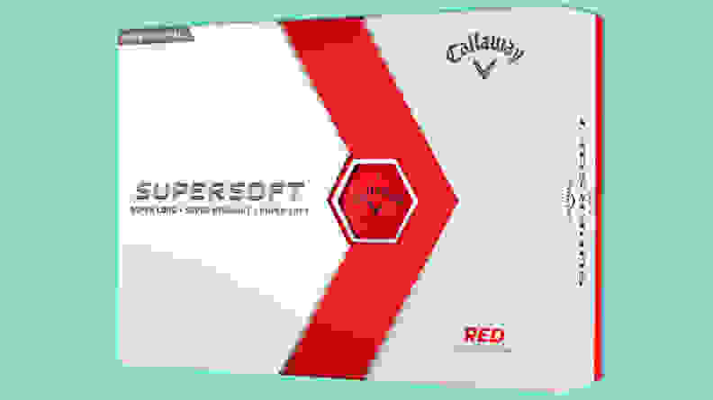 Red Callaway Supersoft golf balls on a teal background.