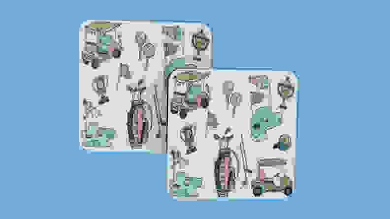 Kitschy golf coasters on a blue background.