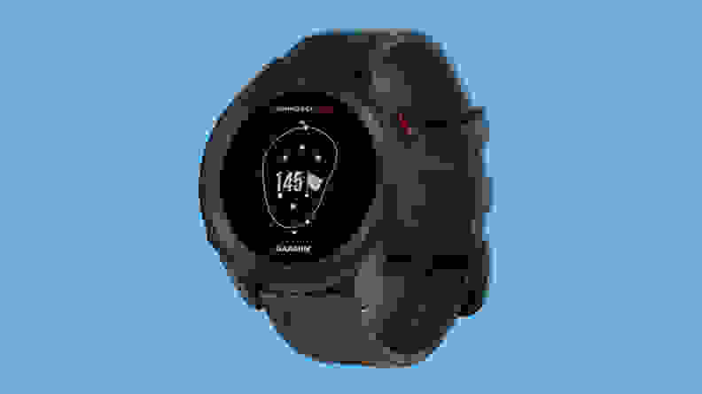 Garmin Approach S12 golf GPS golf watch on a blue background.