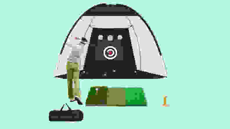 Guecar golf practice net on a light green background.