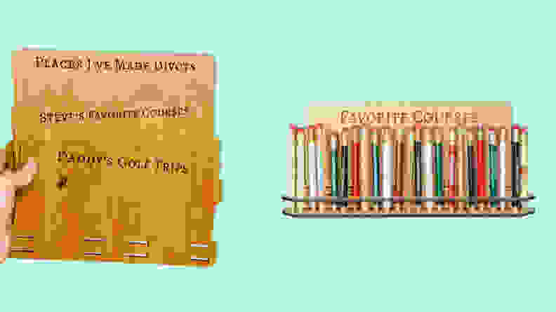 Wall golf pencil holder on light green backgrounds.