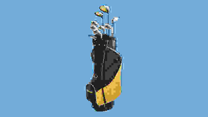 Wilson Men’s complete golf club set on a blue background.