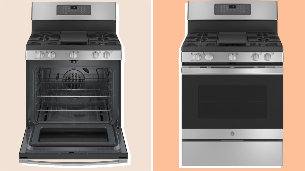 Two gas ranges next to each other on an orange background