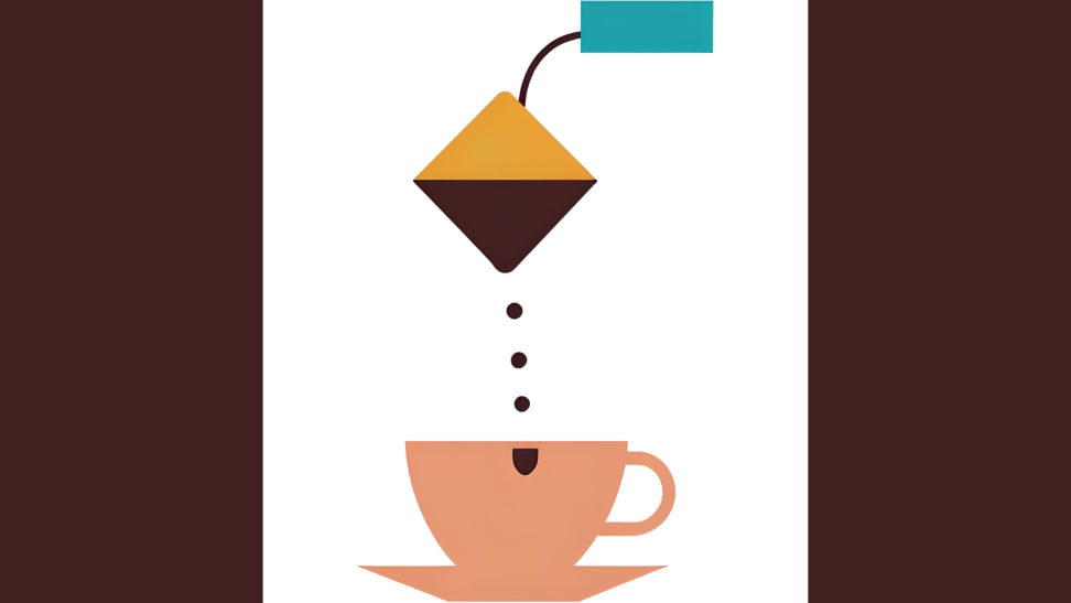 A tea bag drips into a cup
