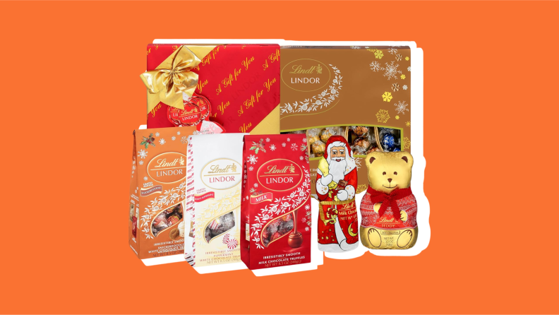 Lindt Holiday Ultimate Chocolate Bundle on an orange background.