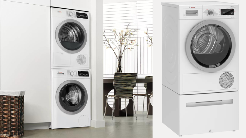On right, stacked washer and dryer combo from Bosch in modern home. On left, single dryer from Bosch.